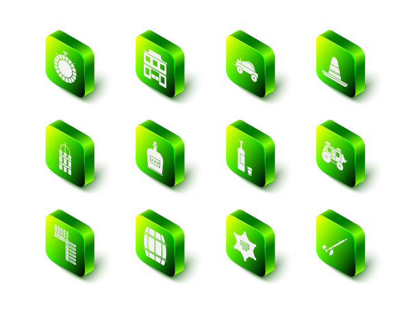 Set Wild west沙龙，带篷马车，墨西哥宽边帽，西部公共马车，美洲印第安人烟斗，威士忌酒瓶和玻璃杯，六卦警长和木桶图标。向量图片下载