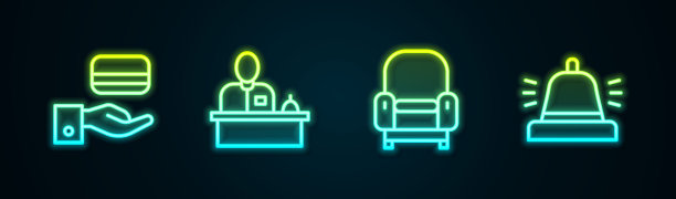 配套数字门锁、酒店前台、扶手椅、服务铃。发光的霓虹灯图标。向量图片下载