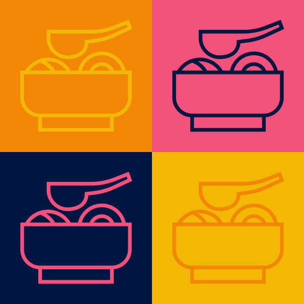 波普艺术线拉面汤碗与面条图标隔离的颜色背景。一碗传统的亚洲面汤。向量图片下载