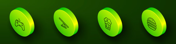 设置等距线手柄，跷跷板，爆米花盒和汉堡图标。向量图片下载