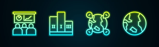 设置线路培训，演示，颁奖超过获奖者领奖台，全球和地球的位置。发光的霓虹灯图标。向量图片下载