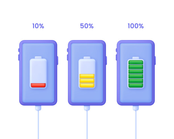 手机3D电池充电指示灯。电池从低到高充电。电池放电和充电。图片下载