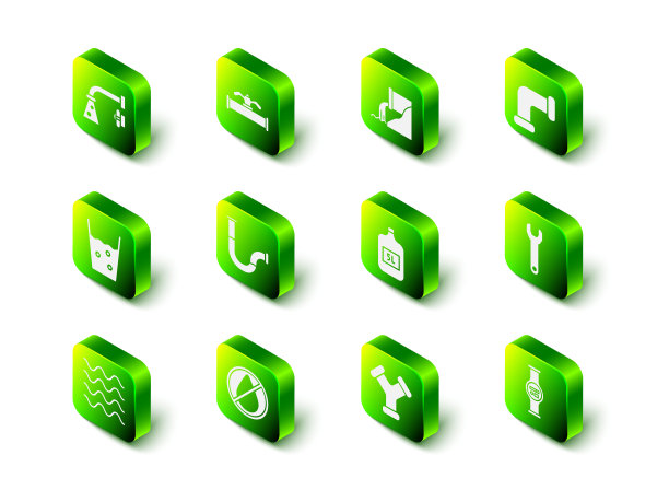 设置工业管道阀门、污水、金属、扳手扳手、水表、清洁大瓶、禁止掉落图标。向量图片下载