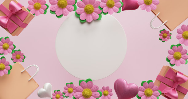 母亲节海报。框从心中的鲜花礼物。三维渲染图片下载
