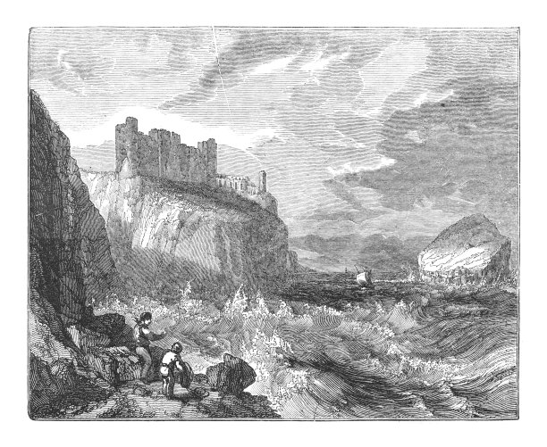 东洛锡安(苏格兰)的坦塔隆城堡废墟和远处的巴斯岩石-复古雕刻插图图片下载