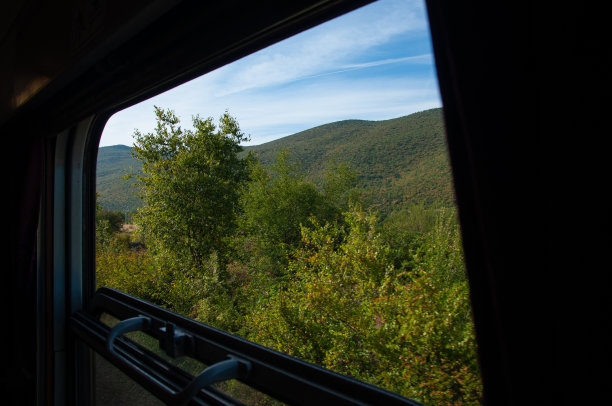 在一个阳光明媚的夏日，从火车车窗望出去，看到森林和小山图片下载