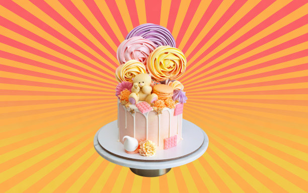 为女儿生日准备的粉红蛋糕，泰迪熊玩具，巧克力和蛋白霜。孤立在五颜六色的背景上。水平方向图片下载