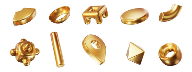 3d设置黄金金属形状从正方形，球体，金字塔，环面，星，环，冰球，圆柱体。金属简单的数字为您的设计在白色孤立的背景。三维渲染插图。图片下载