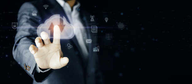 商人触摸云计算图标网络，深蓝色背景上抽象的未来科技，互联网通信无线网络技术，数据传输创新数字解决方案图片下载