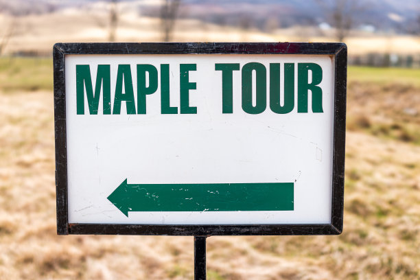 枫糖浆旅游通用标志特写方向箭头和文字在高地县，弗吉尼亚州在春季节日期间图片下载