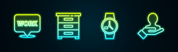 设置线位置与文本工作，抽屉文件，腕表和手搜索人员。发光的霓虹灯图标。向量图片下载