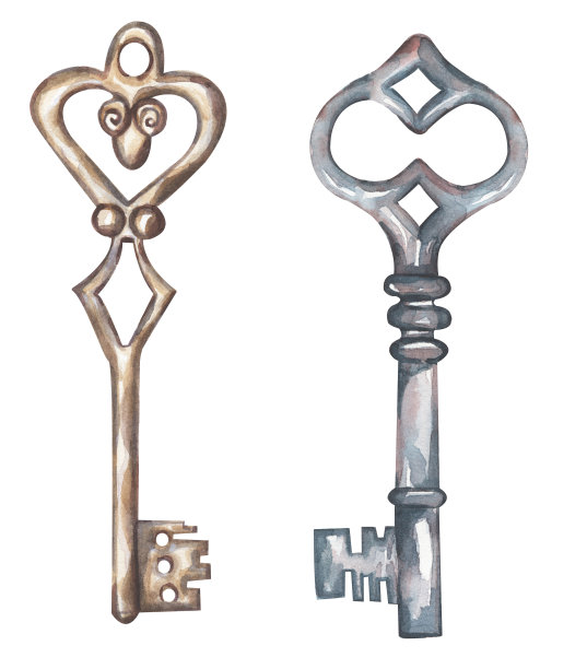 水彩复古风格的关键插图集。复古钥匙剪贴画图片下载