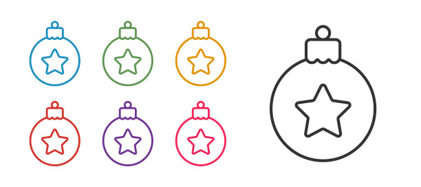 设定线圣诞球图标孤立在白色背景。圣诞快乐，新年快乐。设置彩色图标。向量图片下载