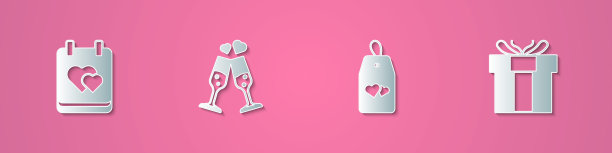 心形剪纸日历，香槟杯，请勿打扰，礼盒图标。纸艺术风格。向量图片下载