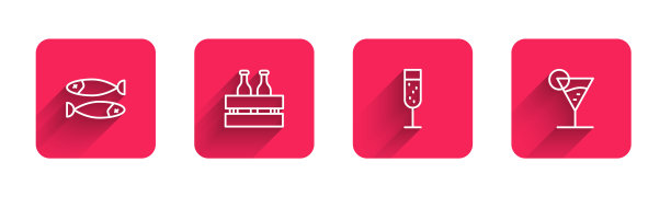 鱼干，啤酒瓶，香槟和马提尼酒杯。红色方块按钮。向量图片下载