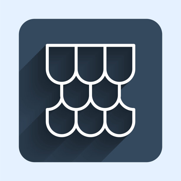 白线屋顶瓦图标隔离与长阴影背景。蓝色方框按钮。向量图片下载