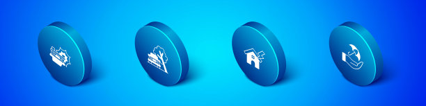 设置等距车祸，房子和闪电，伞手和损坏的倒下的树图标。向量图片下载