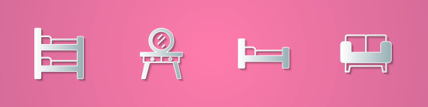 设置剪纸双层床，梳妆台，床和沙发图标。纸艺术风格。向量图片下载