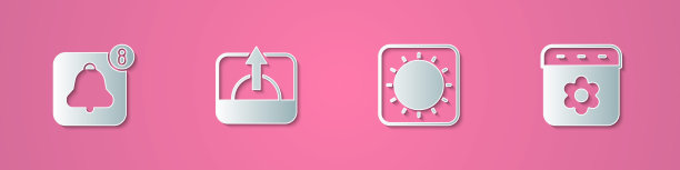 设置剪纸闹钟app手机，日出，和日历春天图标。纸艺术风格。向量图片下载