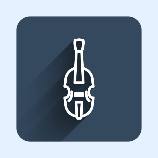 白线小提琴图标孤立与长阴影背景。乐器。蓝色方框按钮。向量图片下载
