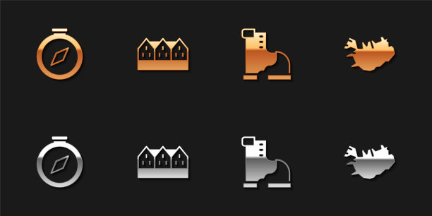 设置指南针，挪威木屋，冬季保暖靴和冰岛地图图标。向量图片下载