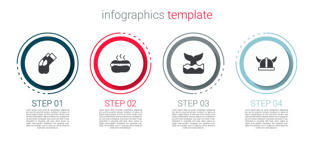 集袜子，热狗三明治，鲸鱼尾巴和海盗在角盔。业务信息图模板。向量图片下载