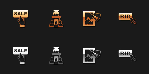 含Sale字样的价格标签、拍卖古代花瓶、绘画和投标图标矢量素材图片下载