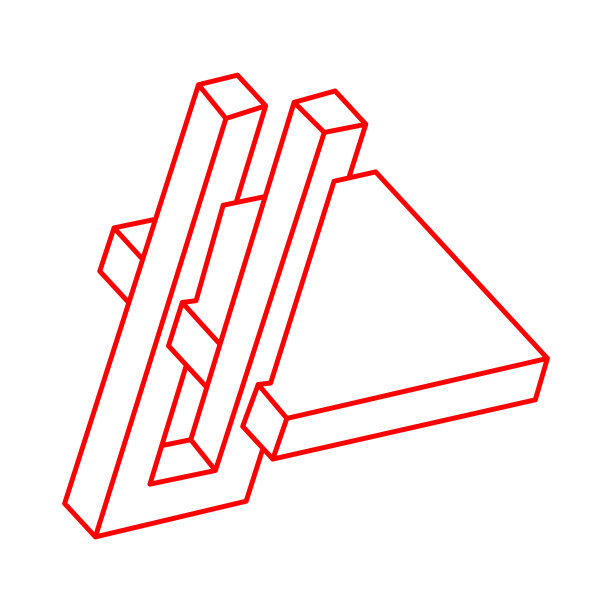 不可能的形状。光学错觉。抽象永恒的几何物体。不可能无尽的轮廓。标志。不可能的几何符号在白色的背景。光的艺术。图片下载