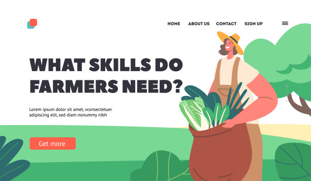 农民技能登陆页模板。女性角色与袋满新鲜采摘的绿色，插图图片下载
