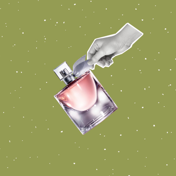 当代艺术拼贴人类手握女性香水。图片下载