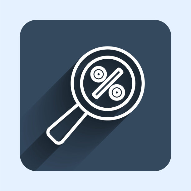 白线放大镜与百分比折扣图标隔离与长阴影背景。折扣优惠搜索。搜索打折销售标志。蓝色方框按钮。向量图片下载