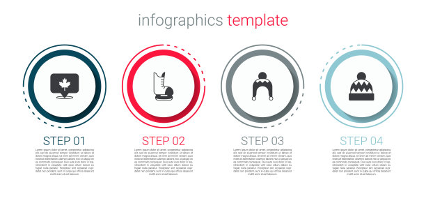 设置加拿大枫叶，冰鞋，冬帽和豆豆。业务信息图模板。向量图片下载