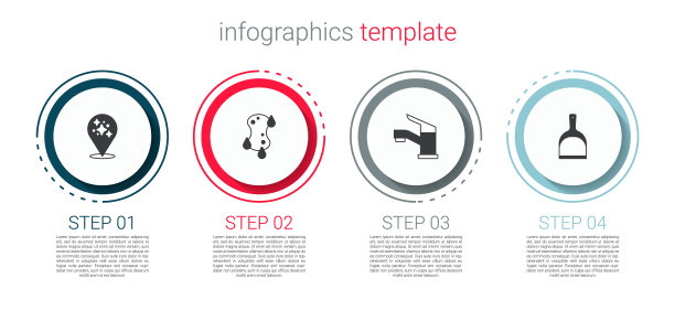 设置家庭清洁服务，海绵，水龙头和簸箕。业务信息图模板。向量图片下载