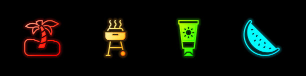 设置热带棕榈树，烧烤架，防晒霜在管和西瓜图标。向量图片下载