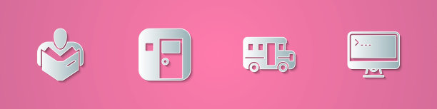 设置剪纸人读书，学校教室，公共汽车和电脑显示器图标。纸艺术风格。向量图片下载