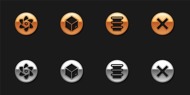 设置试管和烧瓶，纸箱，碗和X标记，十字在圆形图标。向量图片下载