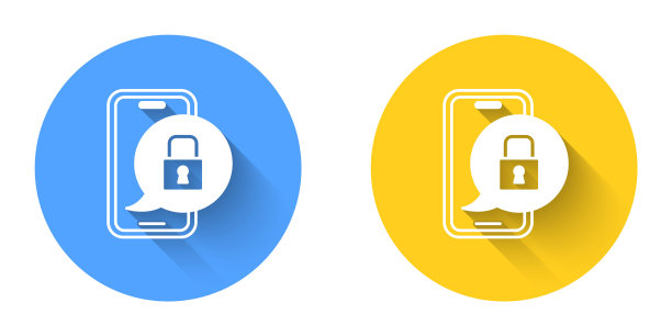 白色智能手机与关闭的挂锁图标隔离与长阴影背景。手机带锁。移动安全、安全、保护理念。圆按钮。向量图片下载