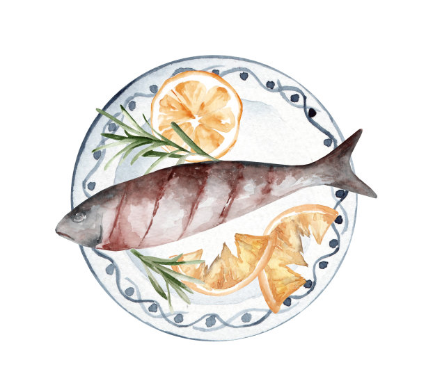 鳟鱼配柠檬和迷迭香，放在陶瓷盘上图片下载