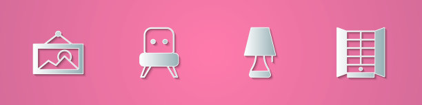 设置剪纸图片，扶手椅，台灯和衣柜图标。纸艺术风格。向量图片下载