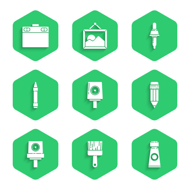 设置喷雾罐喷嘴盖，油漆刷，管与油漆调色板，铅笔橡皮擦，蜡笔画画，移液管和图形平板图标。向量图片下载