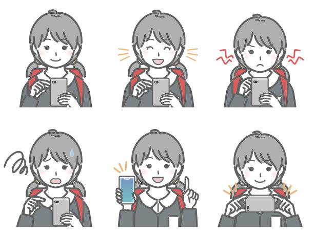 一个穿着制服的女孩操作智能手机的面部表情集图片下载