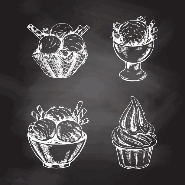 手绘的冰淇淋或冷冻酸奶杯孤立在黑板背景。的插图。集。用于标签、包装和明信片设计的元素。图片下载