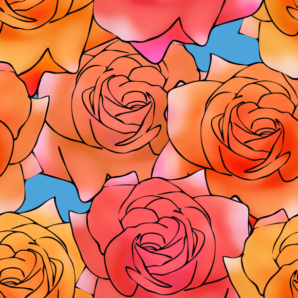 玫瑰，玫瑰花。无缝模式。花的背景。用于封面、包装的装饰印花。插图。纺织品、棉织物、墙纸、t恤、亚麻制品的拼贴图片下载