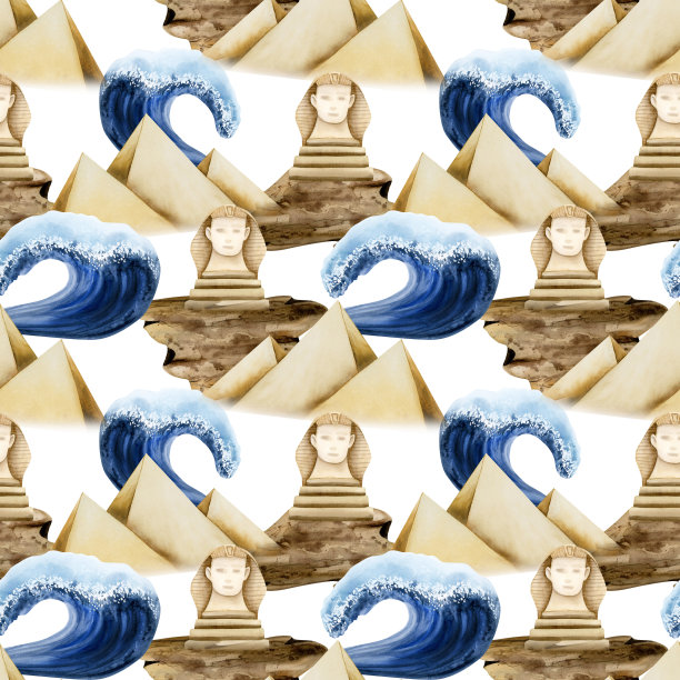 埃及金字塔红海斯芬克斯沙漠风光水彩手绘逾越节无缝图案图片下载