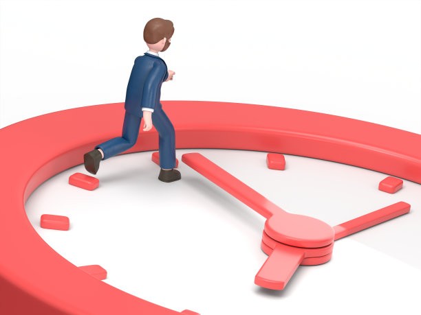 3D插图的大胡子美国商人鲍勃在与时间赛跑。白色背景上的3D渲染。图片下载