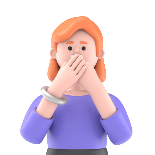 微笑的欧洲女商人艾伦用手捂住嘴的3D插图。白色背景上的3D渲染。图片下载