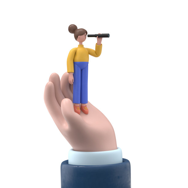 微笑的亚洲妇女安吉拉在望远镜里看，看到未来的3D插图。手里拿着望远镜。搜索解决方案。有远见的人。白色背景上的3D渲染。图片下载