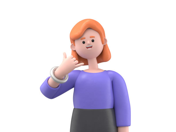 3D插图的微笑欧洲女商人艾伦做电话手势与手和手指就像在打电话。沟通的概念。白色背景上的3D渲染。图片下载