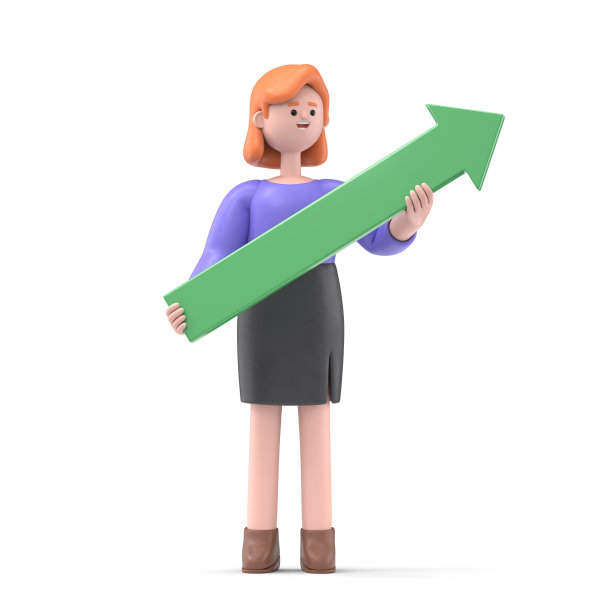 3D插图，微笑的欧洲女商人艾伦拿着箭头指向右边，表明成功。白色背景上的3D渲染。图片下载