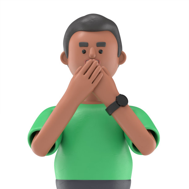 微笑英俊的爆炸头男子大卫用手盖住嘴的3D插图。白色背景上的3D渲染。图片下载